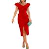 Low Collar Hip Wrap Sleeveless Front Split Gown Dress Ruffle Decor Bodycon Midi Dress Female Clothing