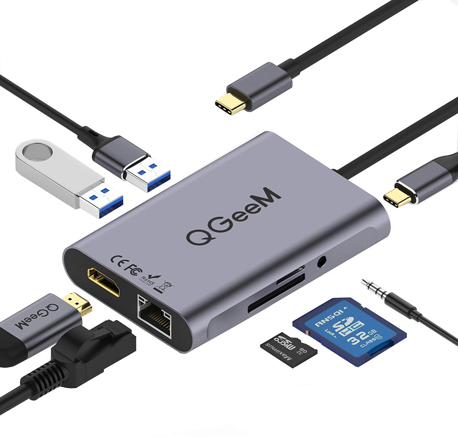 

USB C QGeeM 8 in 1 USB TypeC HDMI Docking LAN Port Ethernet SD Card Compatible with MacBook S10 Hub, Station, 1G, 3.5mm AUX, Reader, 2018/Ipad