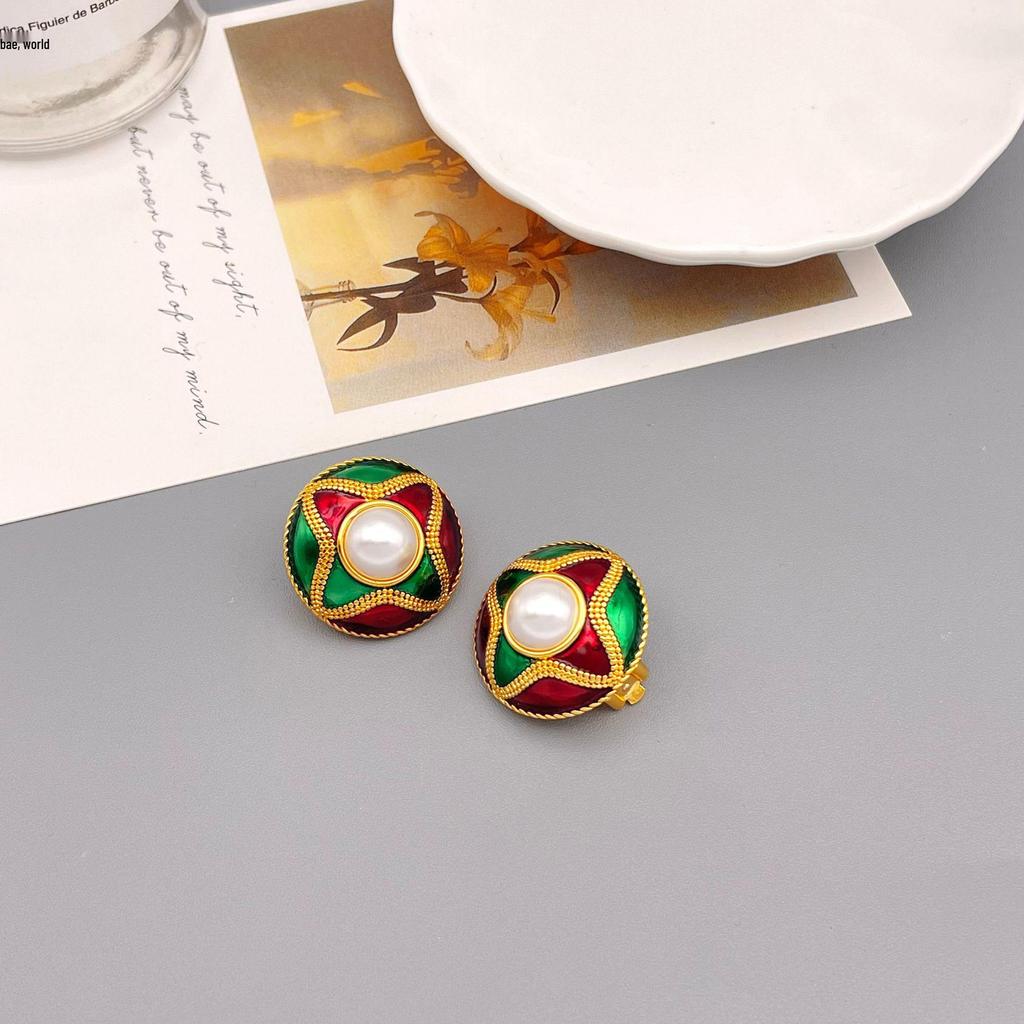 Retro Bunte Emaille Perlen Ohrclips: Modeschmuck-Ohrringe aus 18k vergoldetem Messing