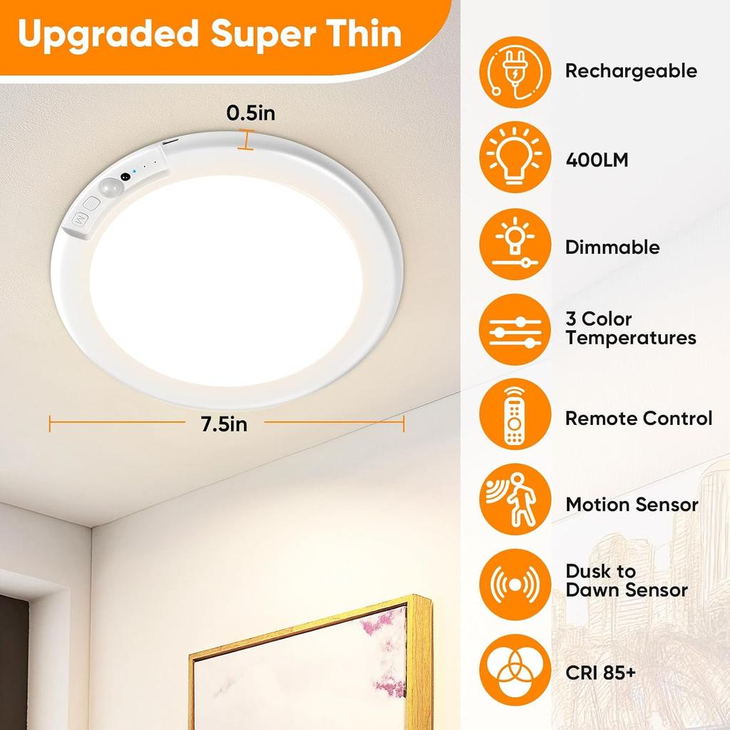 Rechargeable Motion Sensor Ceiling Light, Battery Operated Closet Light | Wireless Battery Powered LED Shower Light, Magnetic Cordless Ceiling Light