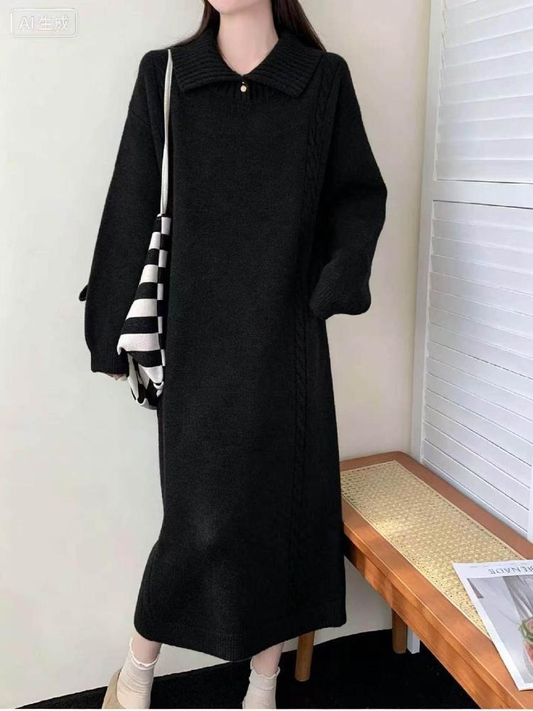 Women's Turtleneck Button Front Knit Maxi Dress Lantern Sleeve Cable Knit Casual Loose Fit Dress