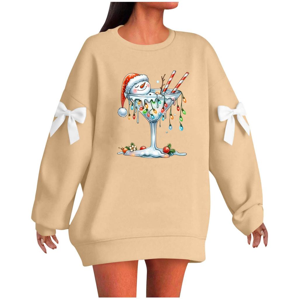 Ladies' Christmas Printed Bow Round Neck Long Sleeved Loose Pullover Sweater Sweatshirt Top