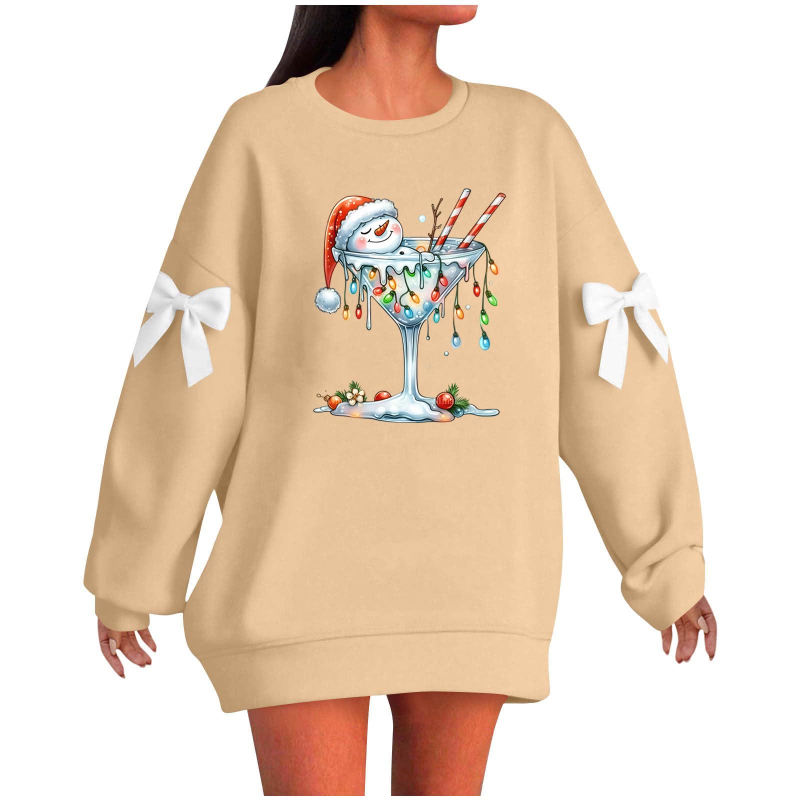 

Женский рождественский пуловер с принтом и бантом, с круглым вырезом, длинными рукавами, свободного кроя L хаки