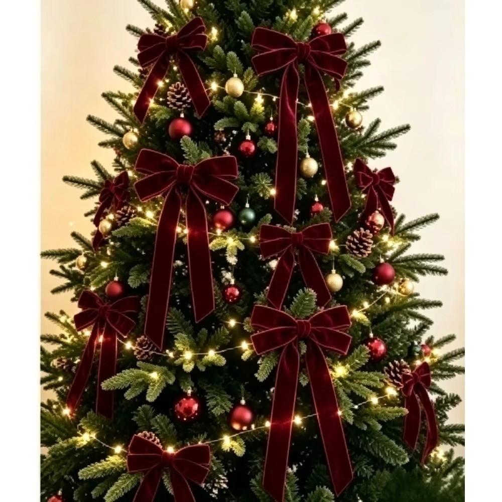 5Pcs Bow Christmas Bow Ornament Velvet Xmas Hanging Pendant Vintage Xmas Gift Box Bow Navidad Decor