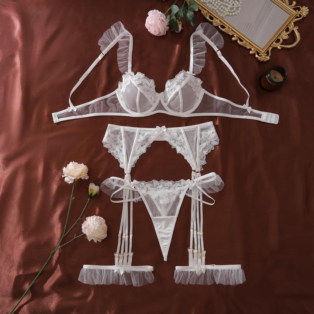Women's Sexy Lightweight Lingerie Set Solid Color Bra Set with Lace Trim Splicing & Floral Embroidery Push-Up Bra Lingerie Set