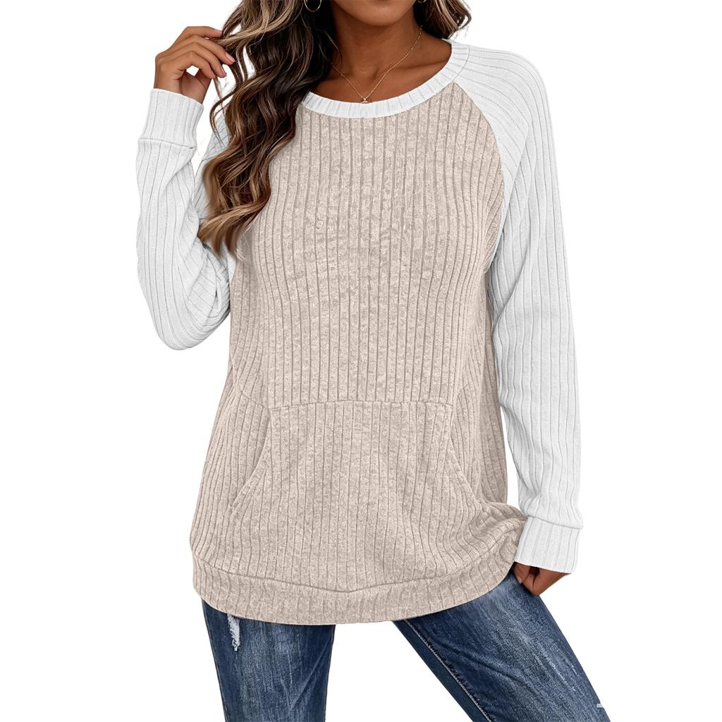 Women's Loose Fit Brushed Long Sleeve Top with Round Neck and Pocket Casual Blouse