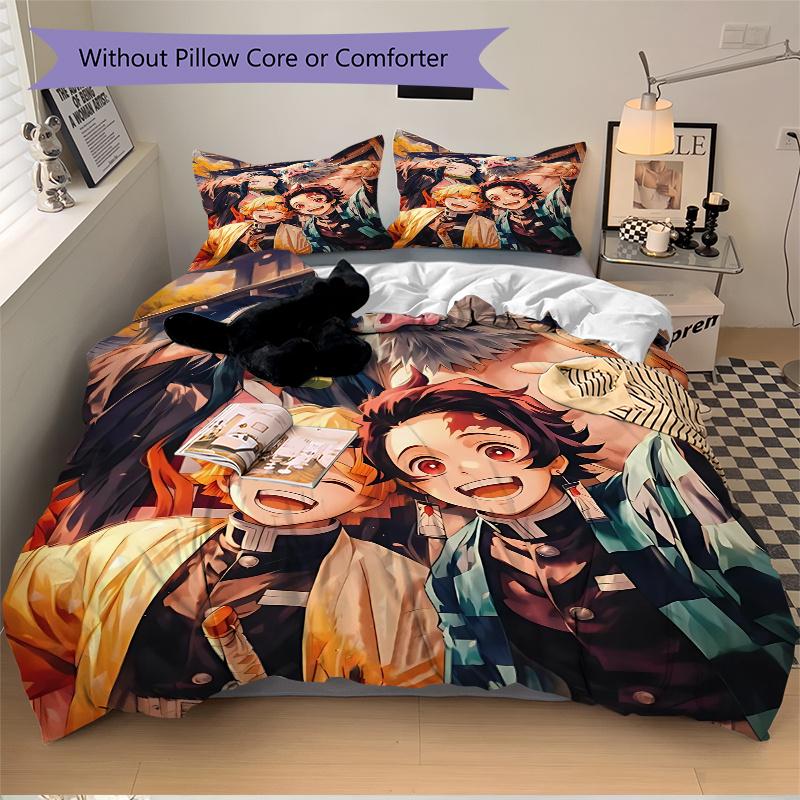 Set Biancheria da Letto Anime Demon Slayer Kimetsu no Yaiba 3 Pezzi-Completo Universale Tre Pezzi per Camera da Letto, Camera degli Ospiti, Soggiorno, Hotel-Regalo Perfetto per