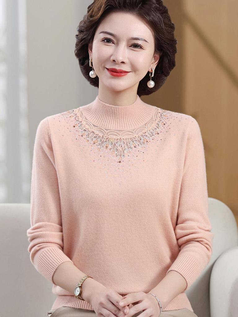 2025 New Style Mid-Neck Pure Wool Sweater with Embroidery for Middle-Aged & Elderly Women – Perfect for Autumn & Winter