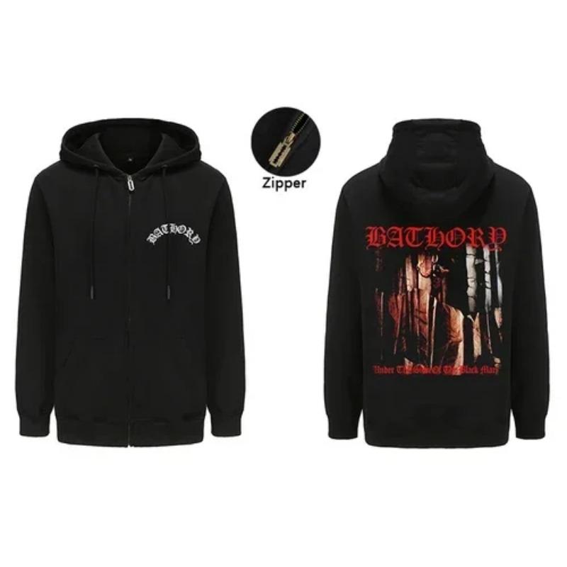 Mens Black Heavy Metal Band Bathory Hoody Y2k Vintage Hip Hop Streetwear Hoodie Zip-up Casual men women Hoodies Coats