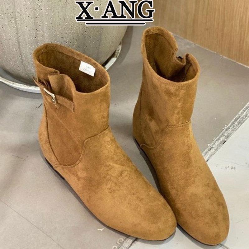 Sheepskin version inner height increase small short boots women's short boots autumn new Maillard brown pleated stacking boots