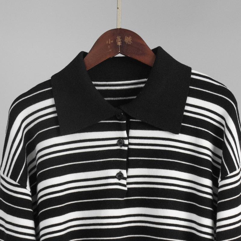 Womens Loose Colorblock Stripe Turn Down Collar Long Sleeve Knit T Shirt
