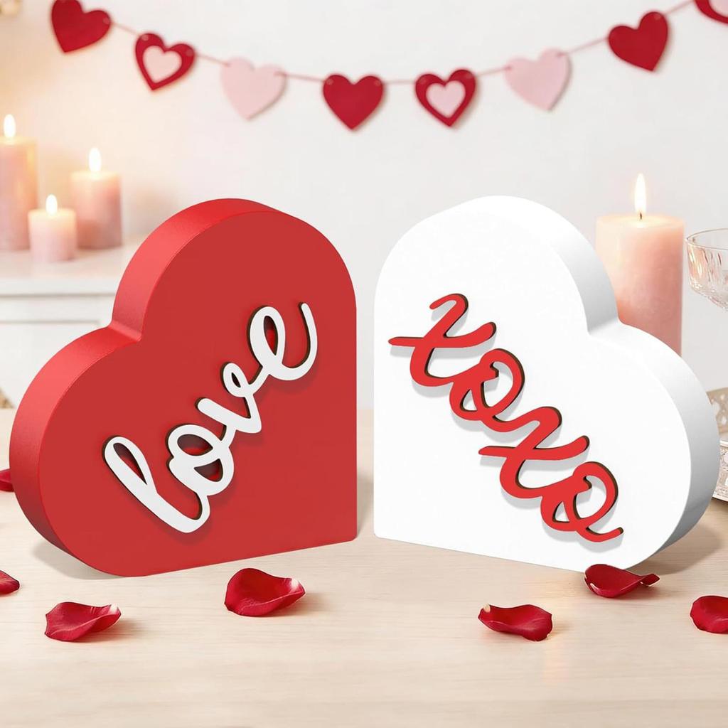 2PCS Valentine's Day Wooden Sign Decoration Heart Shaped Table Centerpieces Desktop Ornament Home Couple Love Crafts