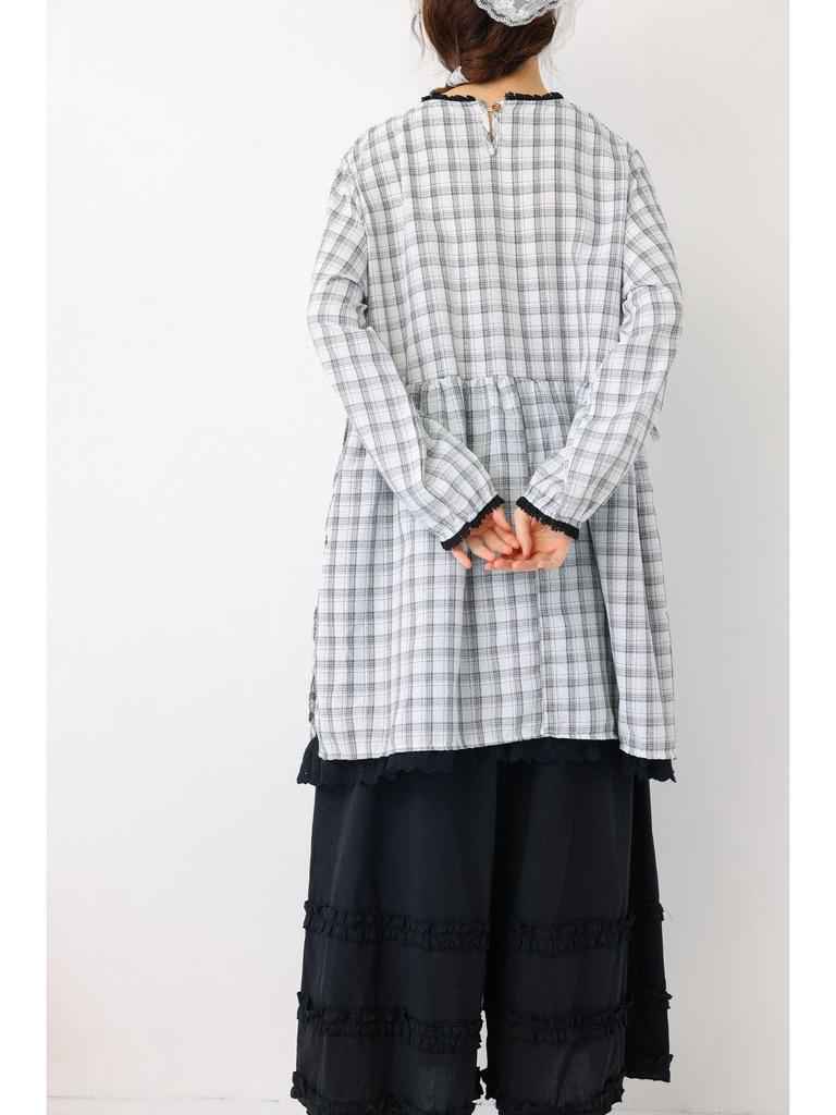 Frühjahr 2026 Damen karierter doppelwandiger langärmeliger lockerer Rundhals-Baumwoll-Leinen-Midirock, Übergröße, Japanischer Stil.
