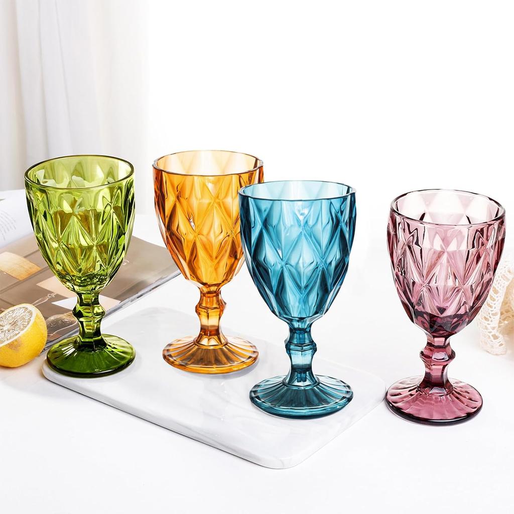 Vintage Wine Glasses Set of 4, Plastic Reusable 12 Ounce Colored Water Goblets, Unique Embossed Pattern Unbreakable Stemmed Wine Glasses, High Clear