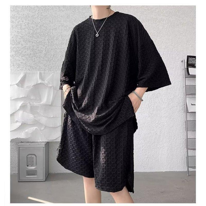 Men's Summer Solid Color Loose Sports Suit Round Neck Short Sleeve + Shorts 2-piece Set