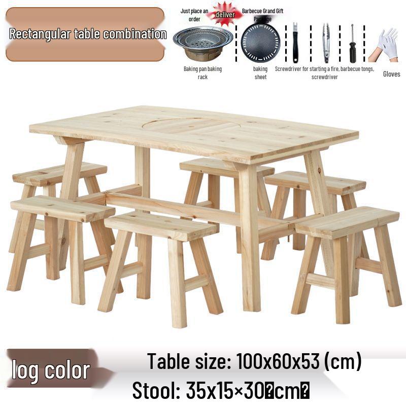 Outdoor Anti-corrosion Fire Pit Tea Table with Solid Wood and BBQ Function, Includes Indoor/Outdoor Chairs for Home Use