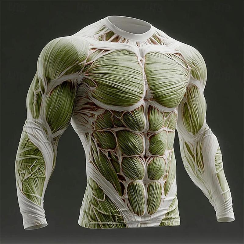 Nuova T-shirt Creativa da Uomo con Texture Muscolare Asciugatura Rapida Girocollo Manica Lunga Top Pullover Casual da Uomo a Manica Lunga