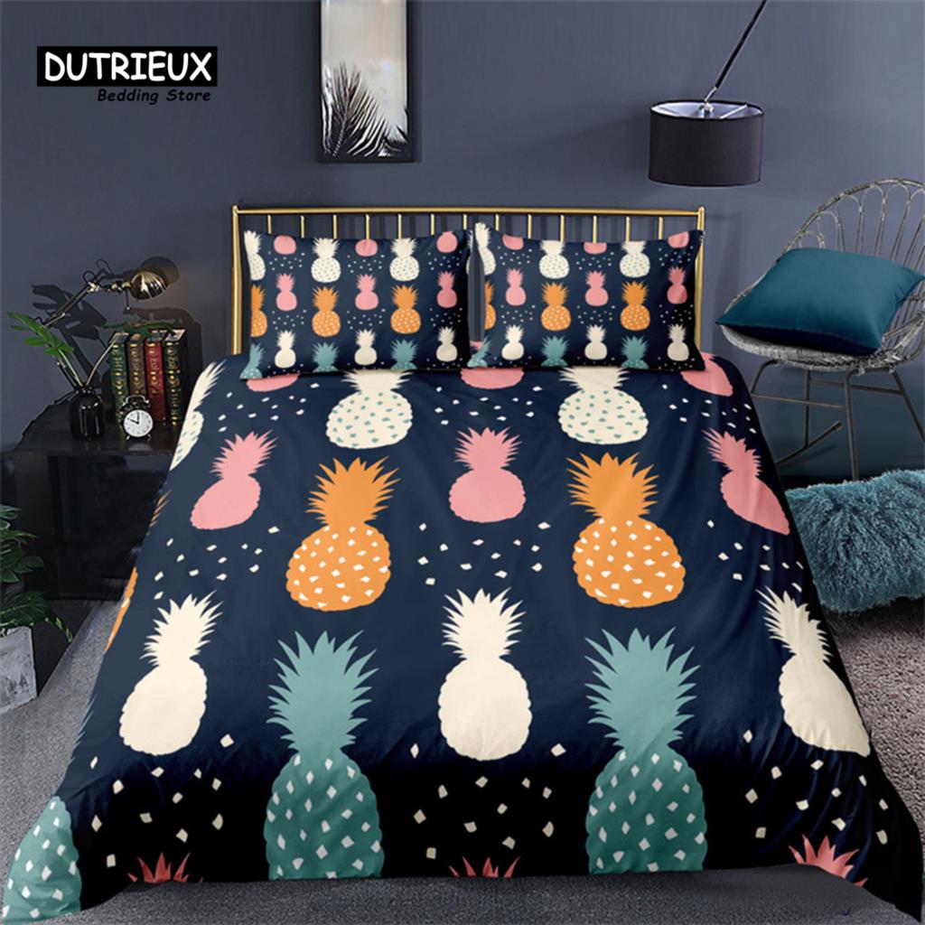 Funny Tropical Fruit Bedding Set Microfiber Pineapple Pear Geometric Pattern Duvet Cover With Pillowcases For Kids Bedroom Decor