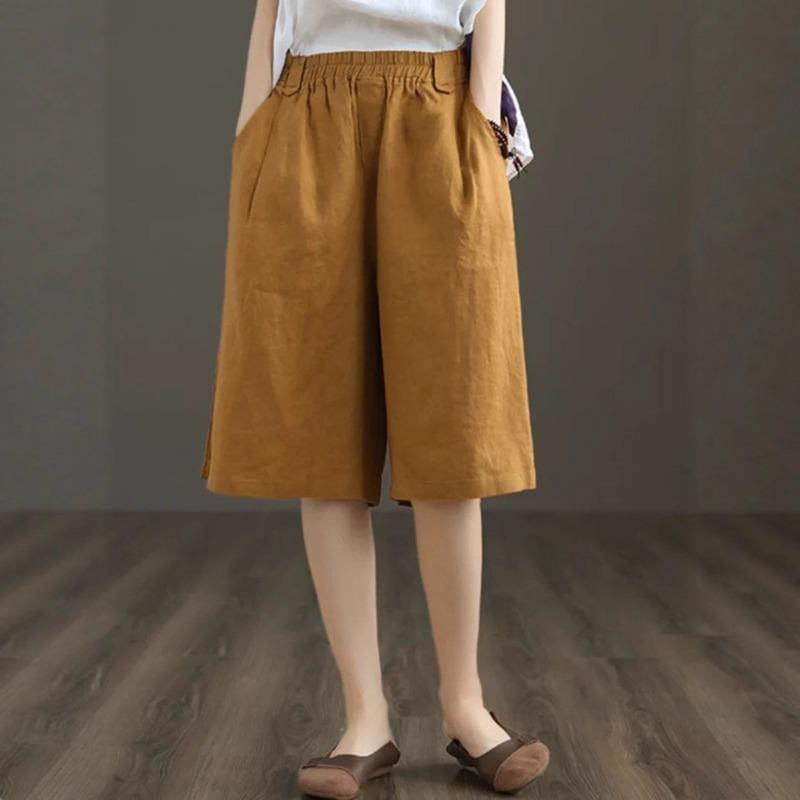 Women s High-Waisted Elastic Waist Linen Bermuda Shorts M