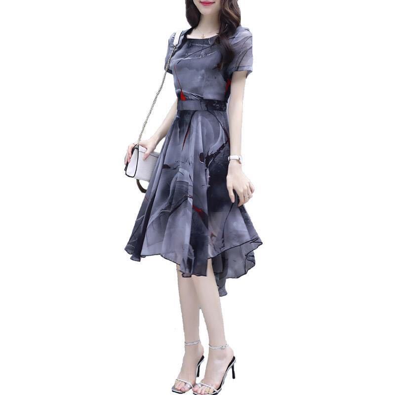 2026 Summer New Dress Women's Short-sleeved Korean Version Slim and Thin Printed Imitation Chiffon Dovetail Skirt Fairy Skirt