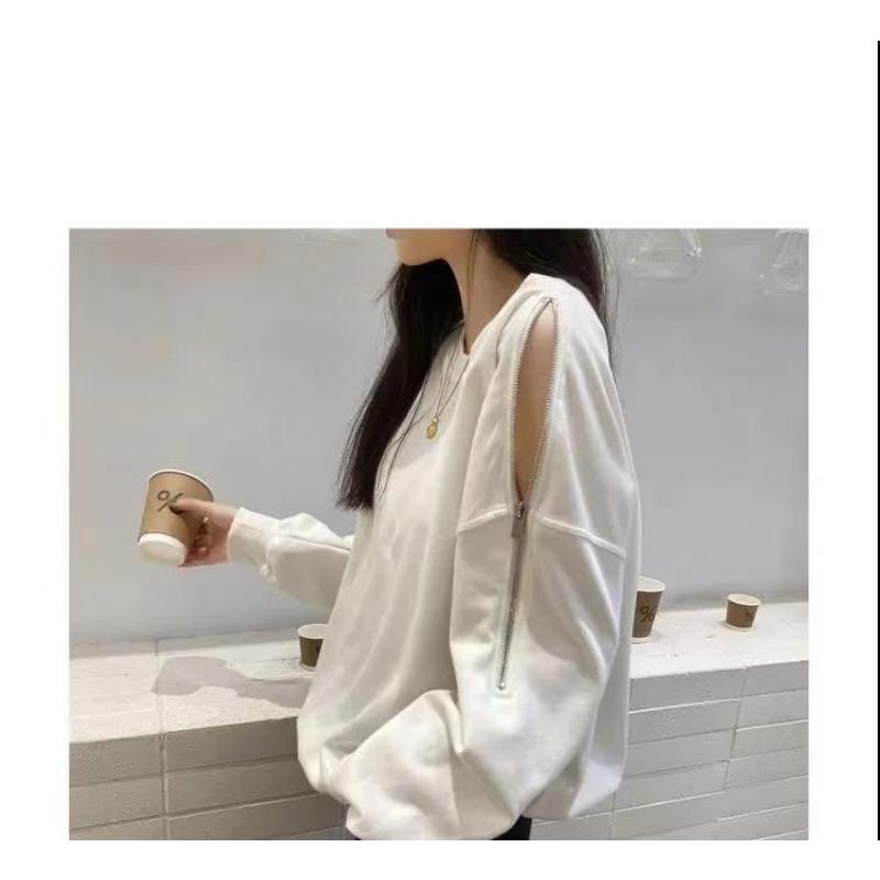 Women S Oversize Thin Autumn Long Sleeve Zip Off Shoulder Hoodie Loose Fit Solid Top