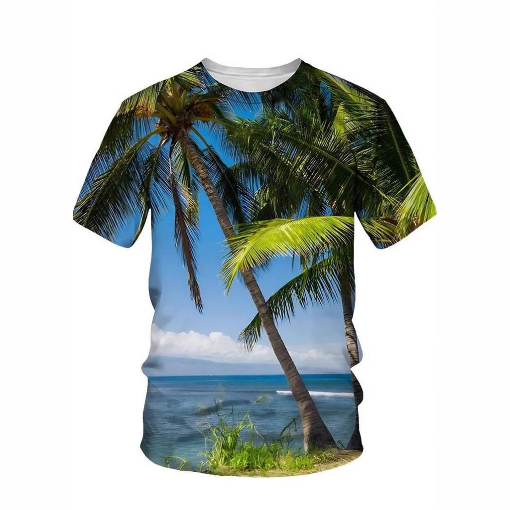 Summer Round Neck 3D Hawaiian Coconut Tree Pattern Print Top Fashionable Casual Short Sleeved Men's T-shirts