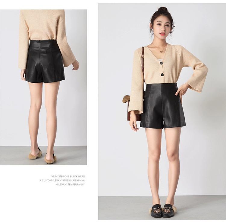 2023 Autumn Black High-Waist Leather Shorts for Women - Slimming, A-Line, Loose-Fit Wide Leg Design