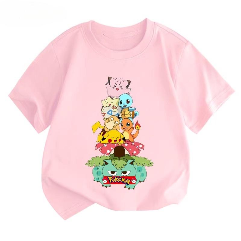 Potdemiel Estate Nuova T-shirt in Puro Cotone con Stampa Pikachu per Bambini, Ragazzi e Ragazze, T-shirt per Bambini Comoda e Traspirante