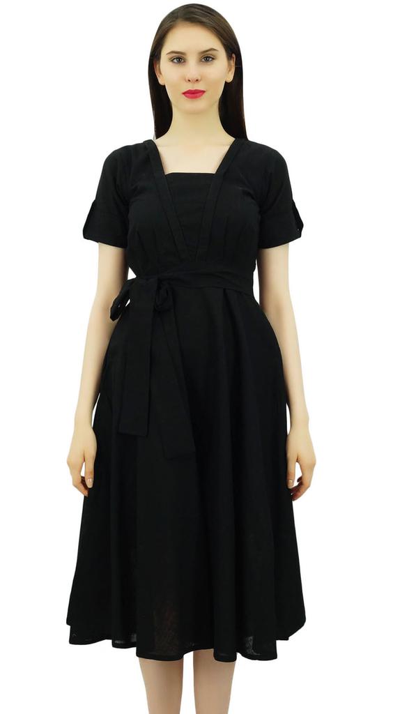 Bimba Damen Kurzarm Leinen Etuikleid Mit Gürtel Freizeitkleider