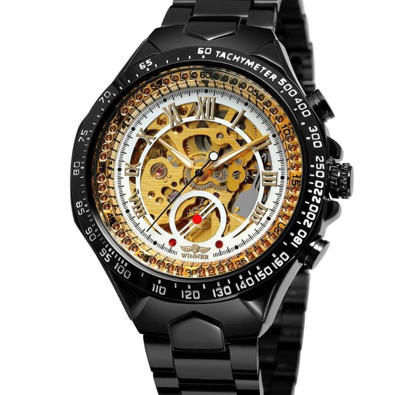 WINNER WINNER Men's Personality Fashion Gold Half Steel Hollow Semi-Automatic Mechanical Watch