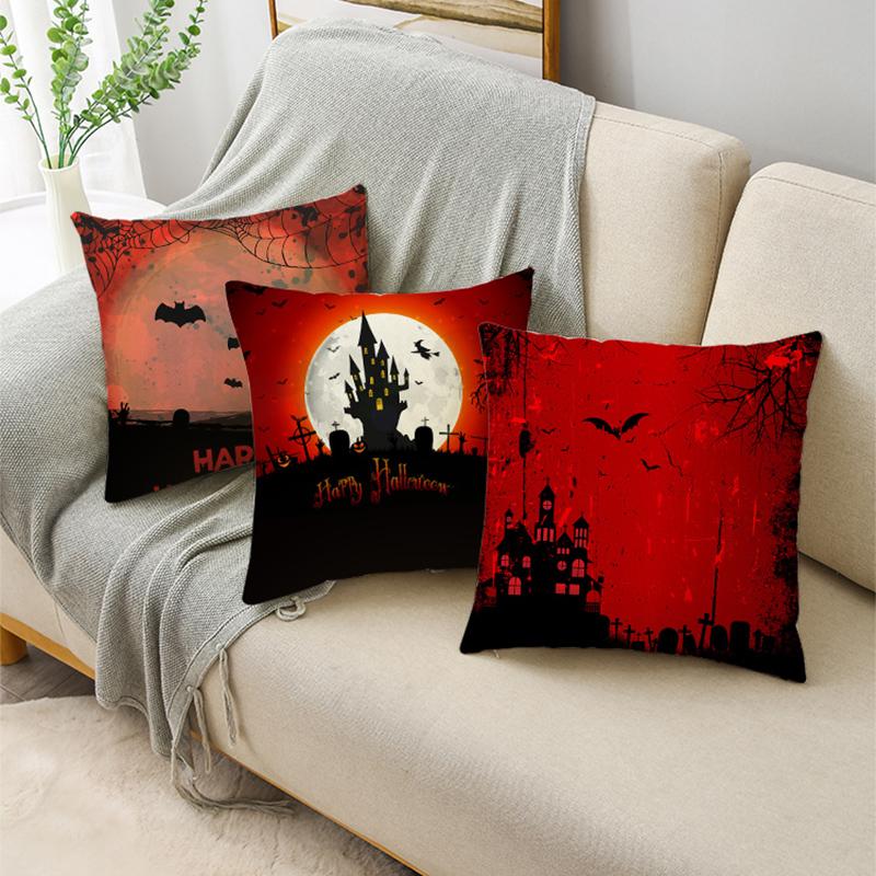 Red Halloween Night Moon Graveyard Bat Scarecrow Linen Throw Pillowcase Decorative Cushion Cover For Sofa Living Room Party