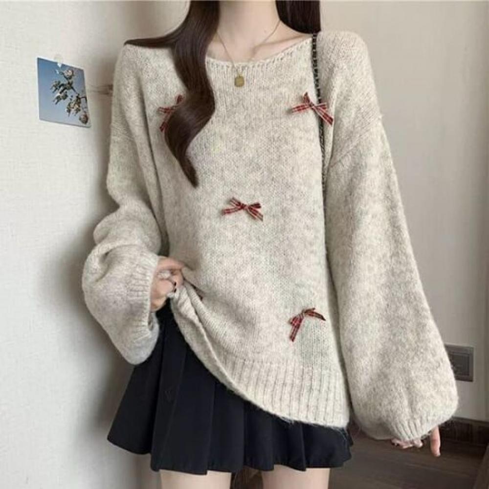 Navava Soft Loose Fit Ribbon Point Round Neck Long Sleeve Knit Sweater Nk3410