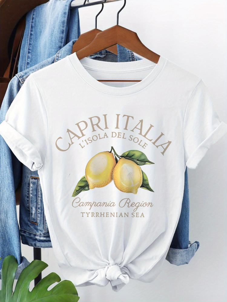 

Capri Italia Print Tshirt Oversized Retro Funny Lemon TShirts Short Sleeve Crew Neck Casual Top For Summer Womens Clothing S