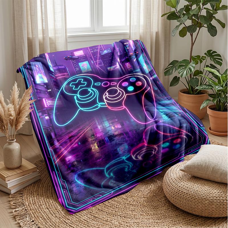 Cyberpunk Game Controller City Blanket Personalized Name Flannel Blanket Soft Cozy Plush Throw for Sofa Bed Lightweight Home Decor
