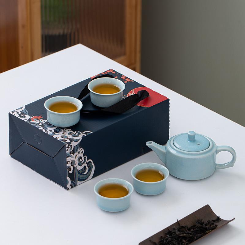 

Guochao Ru Kiln Tea Set, Ge Kiln Kung Fu Tea Set Gift Box, a pot of 4 cups of business event gifts