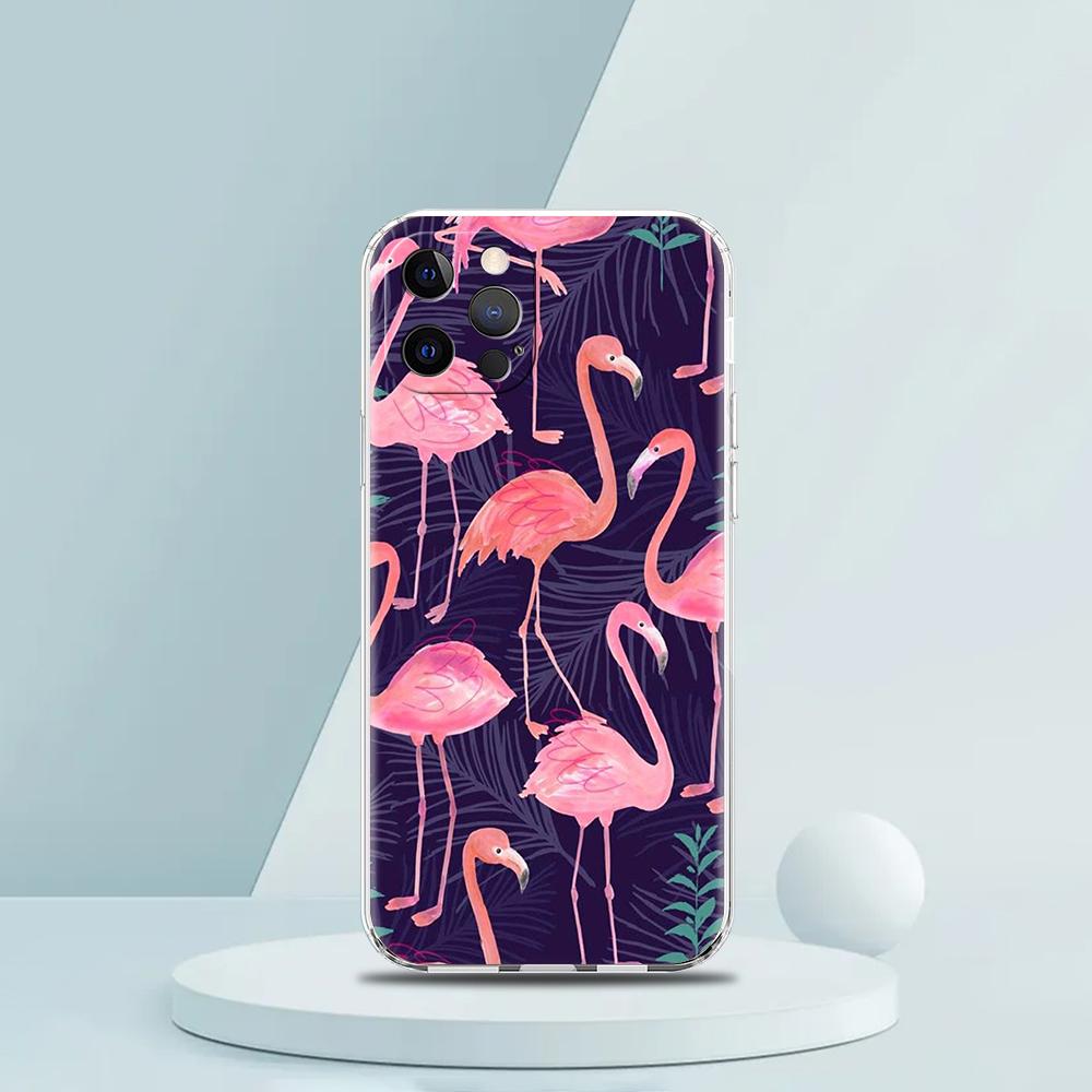 For iPhone 15 16 14 13 12 mini 11 Pro Max XS X XR SE 7 8 Plus Silicone Clear Cover lovely Pink Flamingos leaf Phone Case