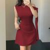 European and American women's clothing fashion Spice Girls new solid color single shoulder sleeveless splicing straps hip wrap short dress women