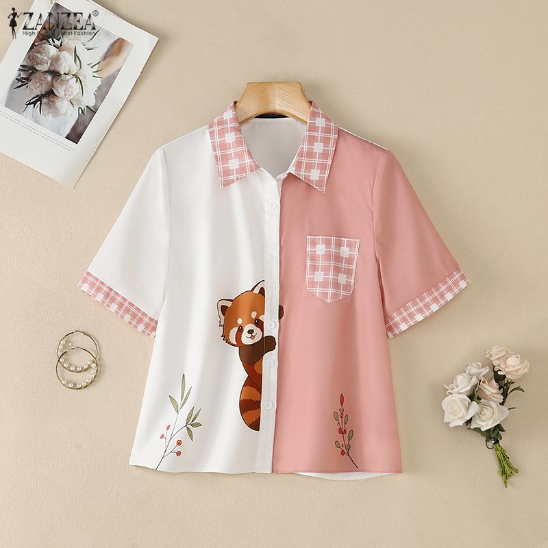 ZANZEA Women Casual Turn Down Collar Loose Short Sleeve Print Blouse