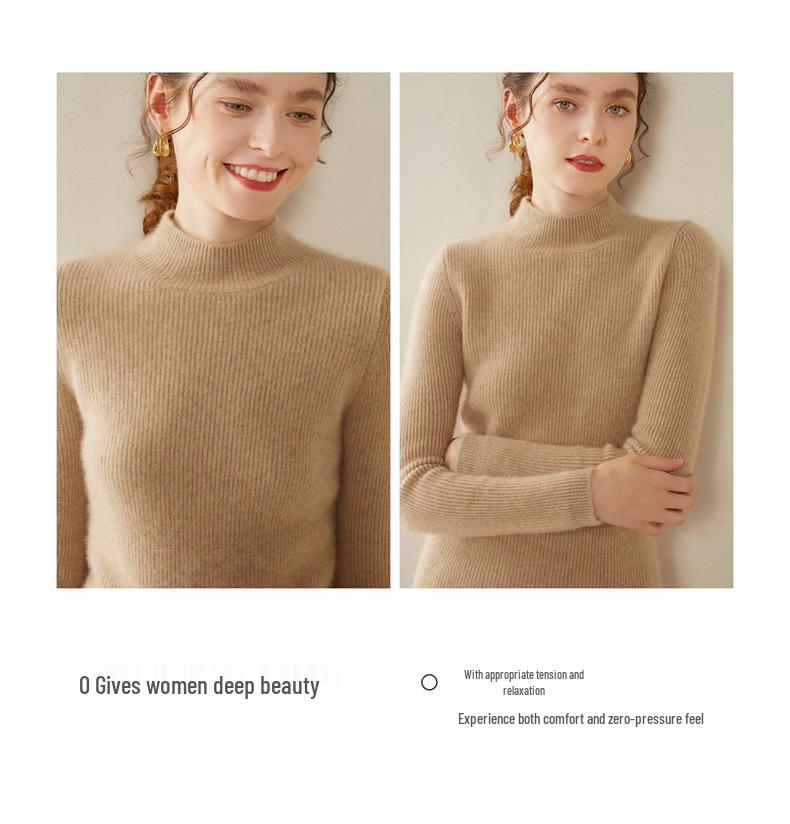 Women's Double-Strand Thickened Cashmere Sweater - Half-High Collar, Loose Fit, Autumn/Winter Pullover Knit Base Layer.