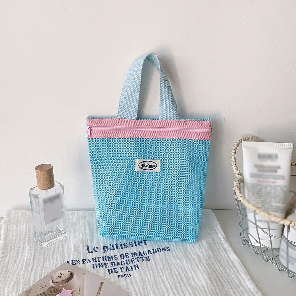 

Ins Style Vibrant Bright Color Summer Mesh Tote Bag Small Cosmetic Bag Handbag Foldable Portable Toiletry Bag Women s Beach Bag синий