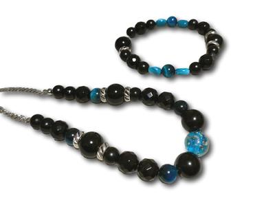 Matching Falcon Eye and Tiger Eye Necklace & Bracelet Set (Blue, Black)