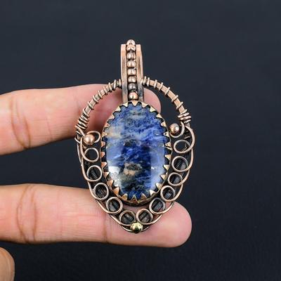 Beautiful Sodalite Gemstone Handmade Pure Copper Wire Wrapped Pendant Jewelry
