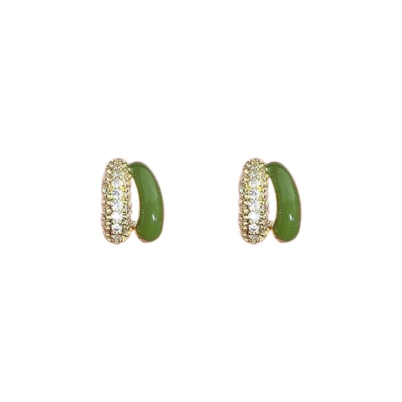 Luxury Green Drip Glaze Copper Earrings with Micro-Set Diamonds