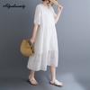 Plus Size Summer Women Cotton Dress V Neck Embroidery Hollow Out Sweet Dress Casual Loose Midi White Elegant Dress