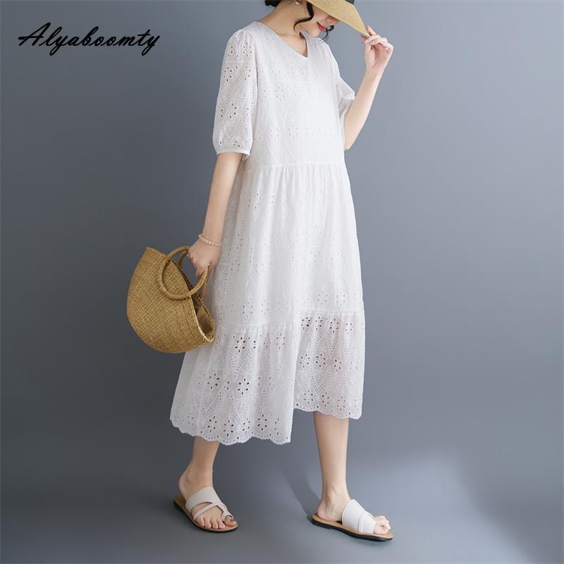 Plus Size Summer Women Cotton Dress V Neck Embroidery Hollow Out Sweet Dress Casual Loose Midi White Elegant Dress