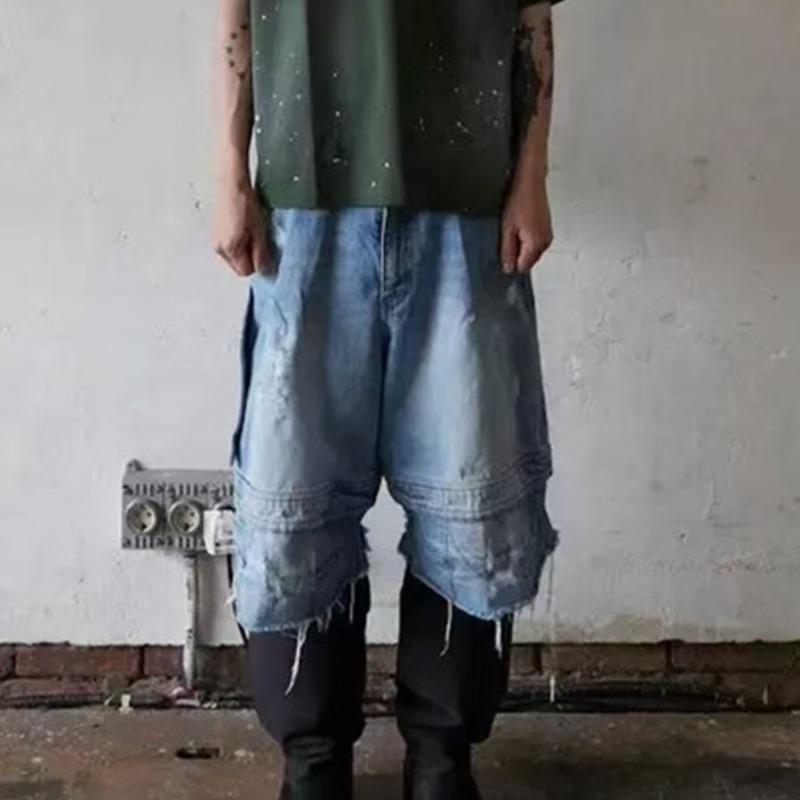 DRIPX American Style Retro Washing Distressed Broken Hole Tassels Paratrooper Shorts Fashion Brand Splicing Design Wide Leg Shorts M