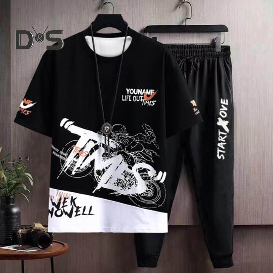 2Pcs/Set Men Summer Sportwear Set Letter Print O-neck Short Sleeve T-shirt Elastic Waist Drawstring Sweatpants Set Sport Outfit