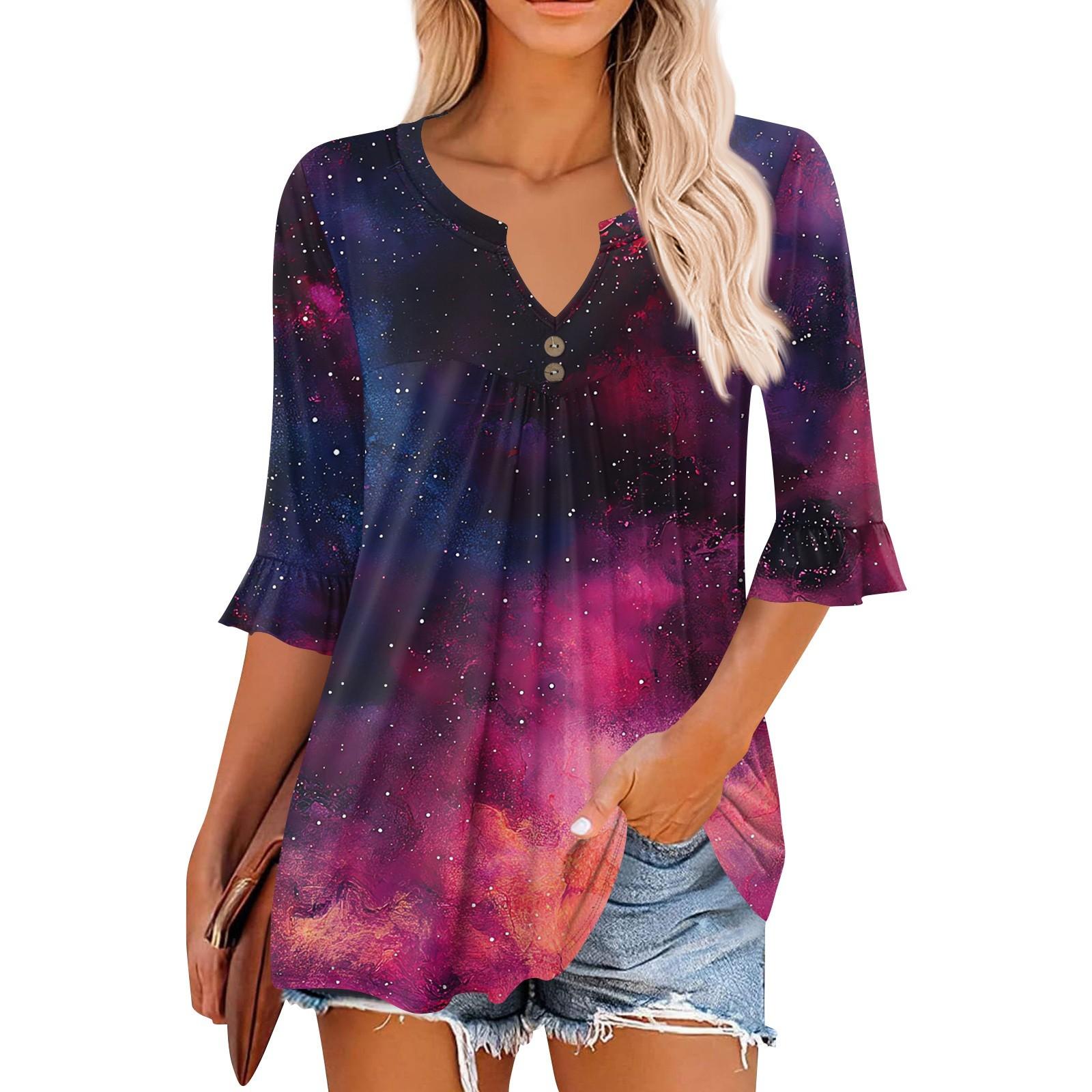 

3/4 рукава топы для женщин повседневные оборки V-образный вырез футболки рабочие блузки нарядные туники топы XL