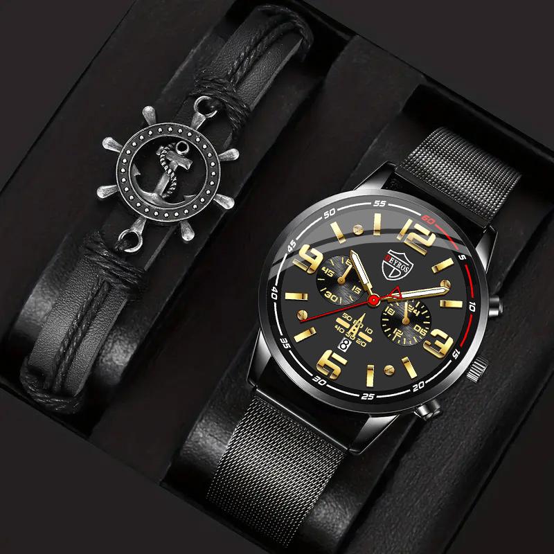 

Модные мужские повседневные часы, мужские кварцевые наручные часы из нержавеющей стали, мужские часы с сетчатым ремешком, браслет, набор часов с датой