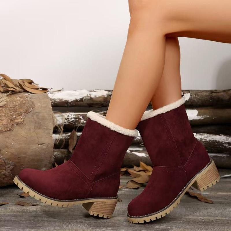 Foreign trade short tube velvet medium heel snow boots women's fur integrated women's cotton boots winter thickened large size flip cotton boots